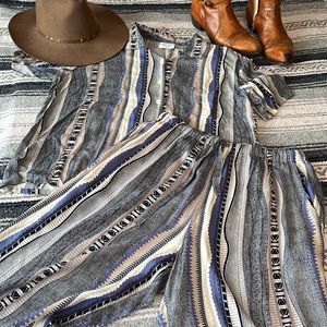 Vintage Top and Bottom Set Rayon Print Button Down Pockets Medium